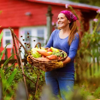 Middle-aged woman holding vegetable basket in garden