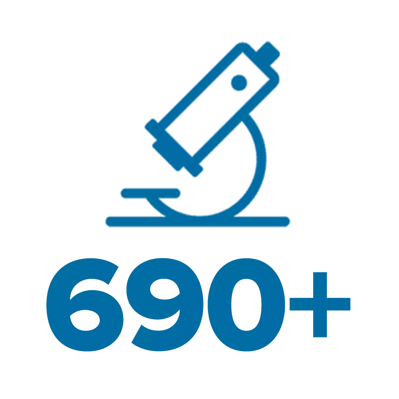 an icon of a microscope and the number 690+